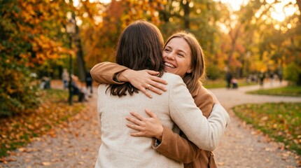 Fototapeta premium Commercial lifestyle portrait of two happy young women sharing a warm embrace outdoors – premium friendship concept, emotional wellness branding, and autumn fashion lifestyle advertisement.