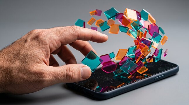 Hand interacting with colorful floating tiles on smartphone screen