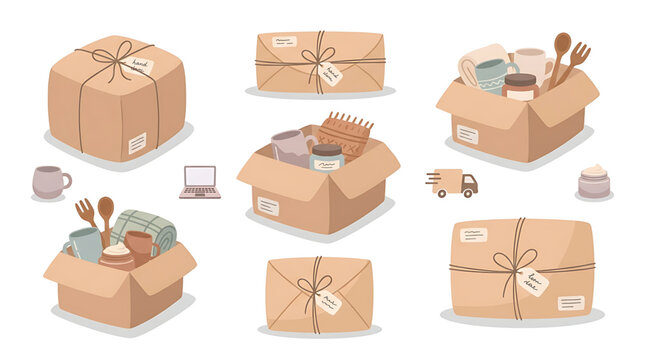 Set of cardboard boxes with home goods and gifts