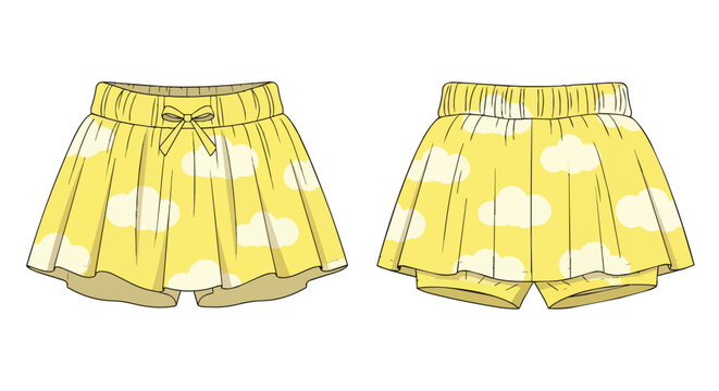 Yellow Girls Cloud Print Shorts Skort with Bow Detail Fashion Technical Flat Sketch