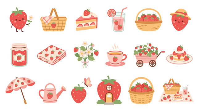 Cute Strawberry Elements Collection for Summer and Picnic Themes.
