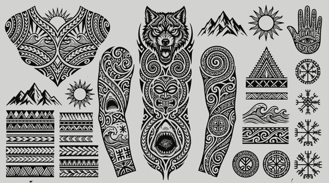 Diverse black tribal tattoo flash set with wolf.