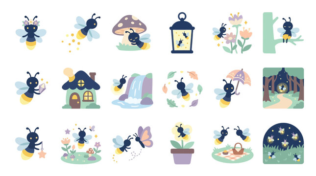Collection of cute fireflies and magical elements in a whimsical forest setting.