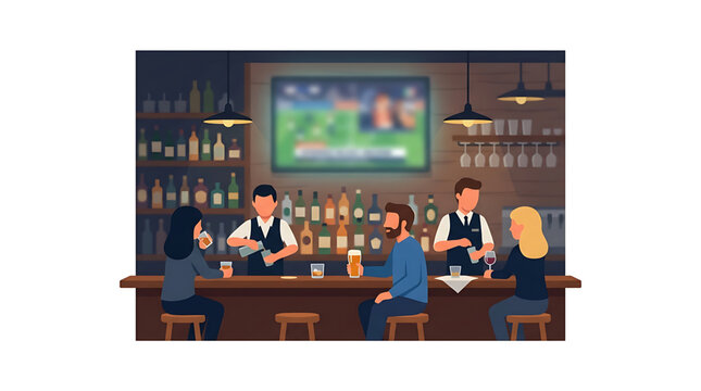 Bartenders serving drinks to customers at a bar counter in a pub