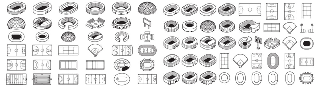 Set of Stadium and Sports Venue Icons, Plans and Isometric Stadium Illustrations for Design
