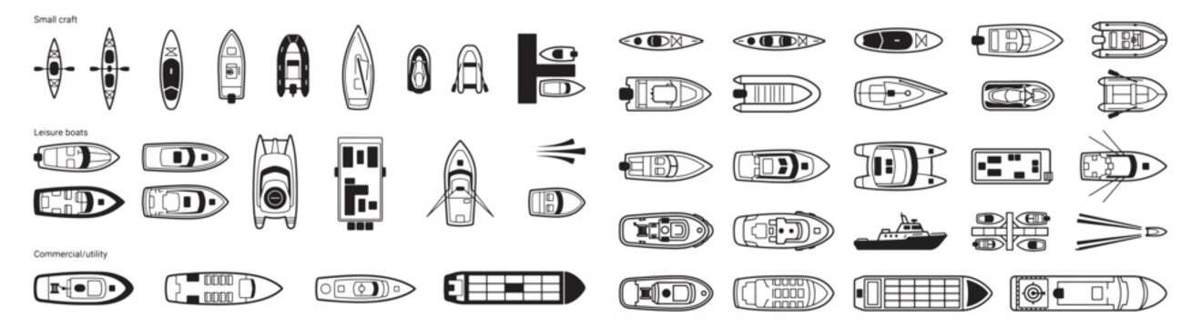 Top View Boat Icons Set - Black and White Marine Vessel Silhouettes for Maps and Design