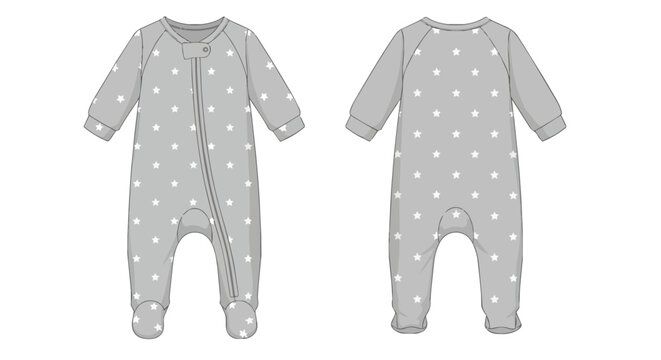 Technical Flat Sketch of Baby Footed Romper with Polka Dot Print and Zipper - Front and Back Views