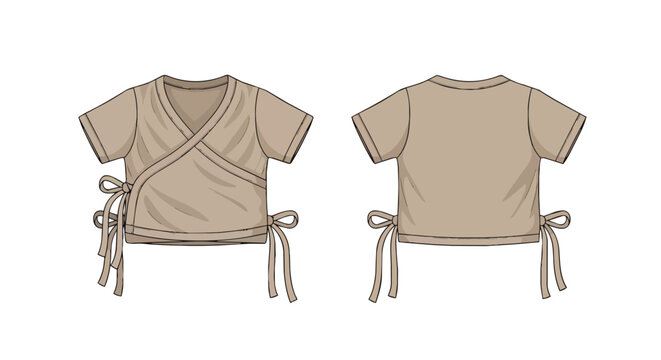 Short Sleeve Side Tie Wrap Top Technical Drawing Front and Back View