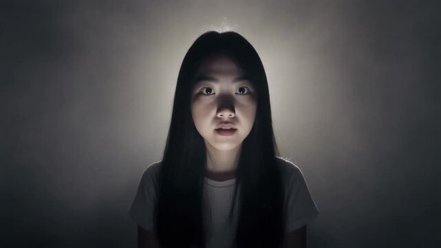 Young woman standing in spotlight surrounded by pointing finger shadows bullying judgement pressure anxiety
