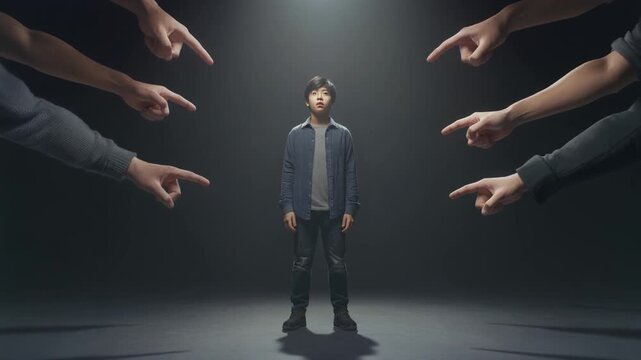 Young boy standing in spotlight surrounded by pointing finger shadows bullying judgement pressure anxiety isolation
