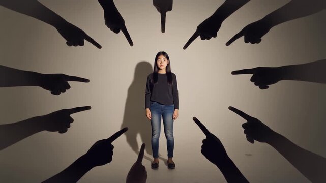 Young woman standing in spotlight surrounded by pointing finger shadows bullying judgement pressure anxiety
