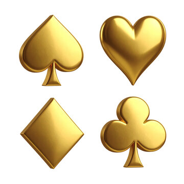 Exquisite collection of four luxurious golden 3D rendered casino playing card suits, including spade, heart, diamond, and club symbols, perfectly illustrating elegant gambling and gaming success