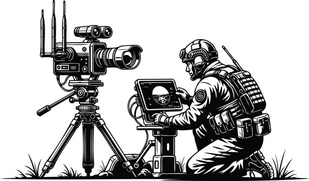 Soldier using military surveillance camera and laptop