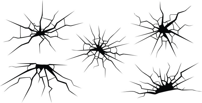 Set of black glass cracks and broken surface patterns