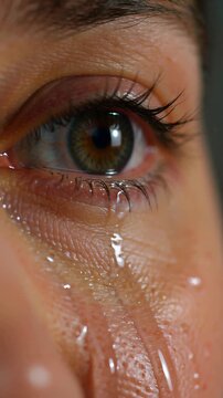 A close-up of a human eye with tears welling up and falling, with a finger partially covering the face