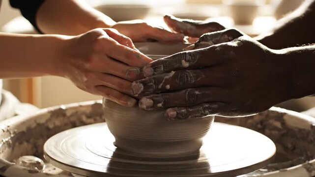 Diverse hands shaping clay on a potter's wheel