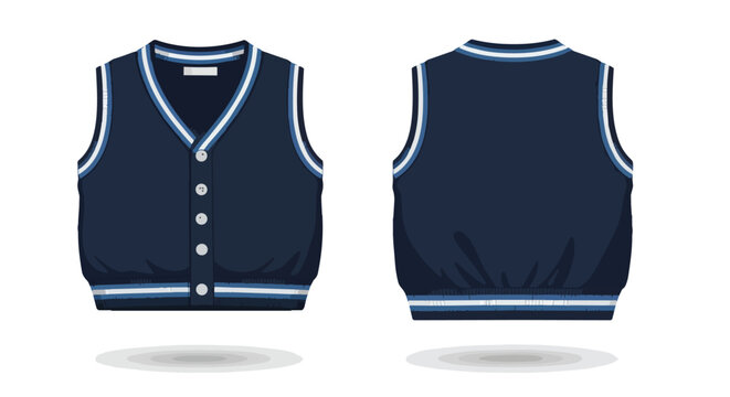 Navy Blue Knitted School Vest Mockup Front and Back View with Striped Ribbing and Buttons