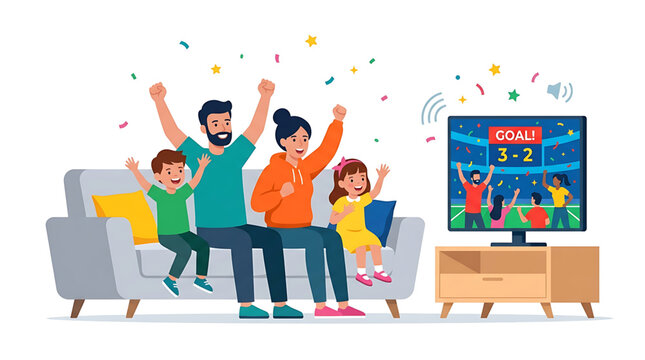 Happy family watching a football match on tv and celebrating a goal