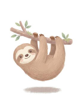 Cute Brown Sloth Watercolor Animal Illustration