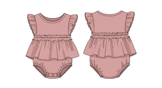 Pink Baby Girl Ruffled Romper Technical Sketch Front and Back