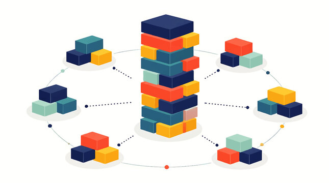 Modular jenga tower with color sections in infographic style