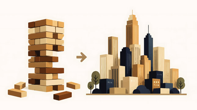 Geometric poster-style jenga blocks transforming into a futuristic cityscape with strong vertical alignment.