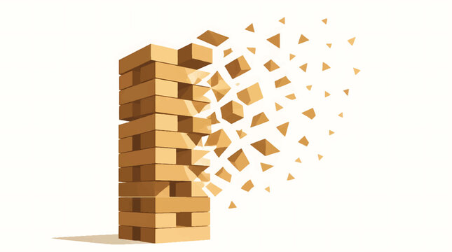 A jenga tower dramatically collapses in a chaotic explosion of blocks on a plain surface for a website hero banner.