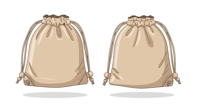Beige Canvas Drawstring Pouch Set with Cord Ties and Fabric Texture