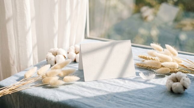 Blank greeting card mockup with dried flowers and cotton by a window