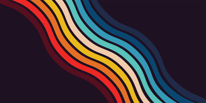 Vintage 70s Gradient Diagonal Stripes, Retro Rainbow Lines on Black Backdrop