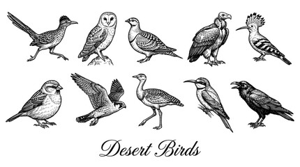 Obraz premium Vintage Hand-Drawn Desert Birds Engraving Set: Roadrunner, Barn Owl, Vulture, Hawk, Hoopoe, Raven, and More. Detailed Black and White Vector Sketch Illustration of Wild Bird Species.