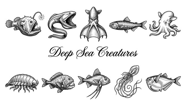 Vintage Hand Drawn Deep Sea Creatures Collection Vector Illustration Set featuring Anglerfish Octopus Squid and Underwater Monsters