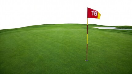Obraz premium Professional golf course putting green with a red flag marking the eighteenth hole