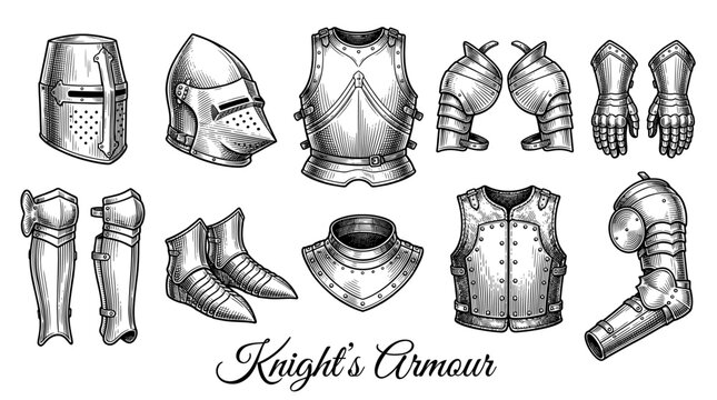 Vintage Engraved Medieval Knight Armor Set Vector Illustration with Helmets, Breastplate, Gauntlets and Sabatons