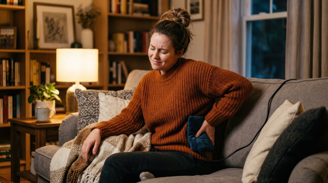 Woman heating pad back pain sofa living room sweater blanket home pain relief discomfort woman applying warm heating pad to lower back while sitting sofa cozy living room with blanket, lamp