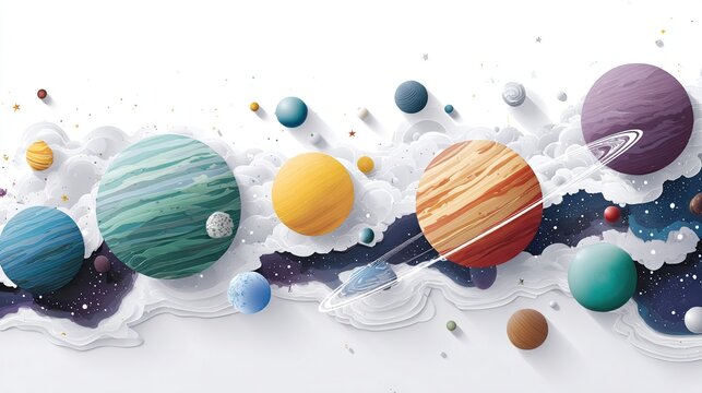 Planets in space with clouds and stars, a colorful and whimsical design