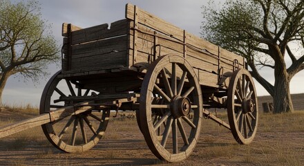 Obraz premium Antique wooden wagon with large spoked wheels in a dry landscape.