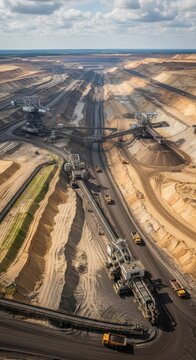 Aerial view of a vast open-pit coal mine with heavy machinery and dramatic landscape.