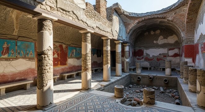 Ancient Roman Villa Courtyard with Frescoes and Columns.