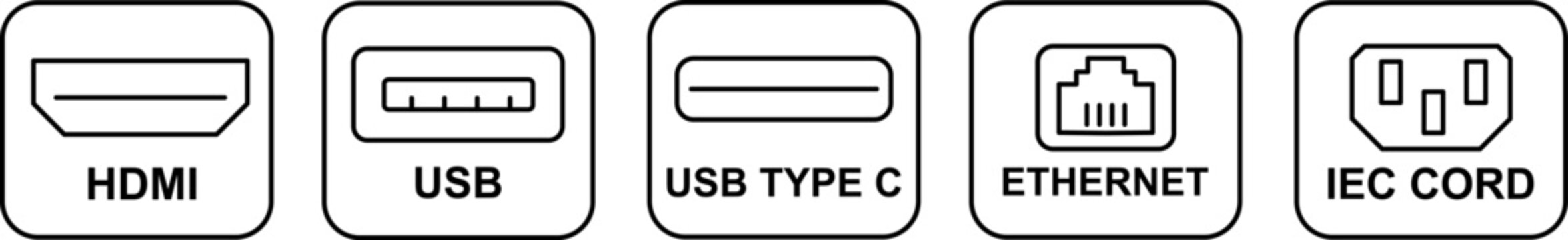 Computer hardware input output port connection outline icons, line art vector illustration of HDMI USB Type C Ethernet and IEC cord interfaces, isolated technical square labels