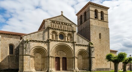 Obraz premium Ancient Romanesque Church Facade with Tall Bell Tower.