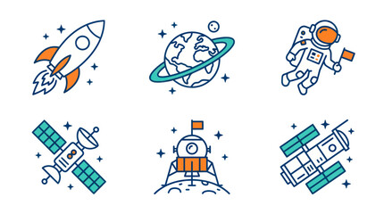 Space Icons: Rocket, Astronaut, Earth, Satellite, Lunar Lander, Planets © jungkat