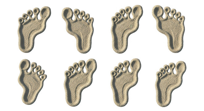 eight beach footprints top down view on a white background suggesting vacation or travel concepts possibly for tourism ads