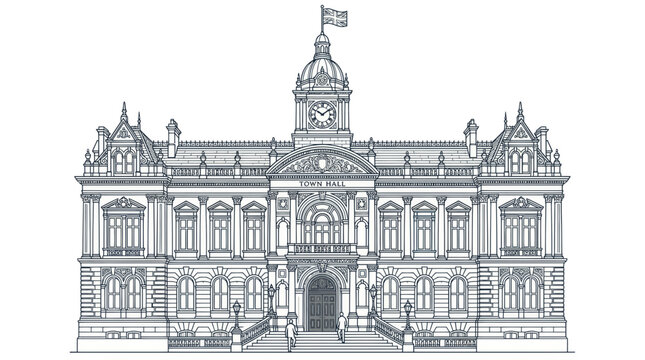 Ornate Town Hall Building Facade with Clock Tower and Flag - Architectural Sketch