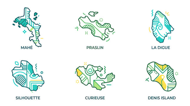 Seychelles Islands Map Icons: Mah&eacute;, Praslin, La Digue, Silhouette, Curieuse, Denis