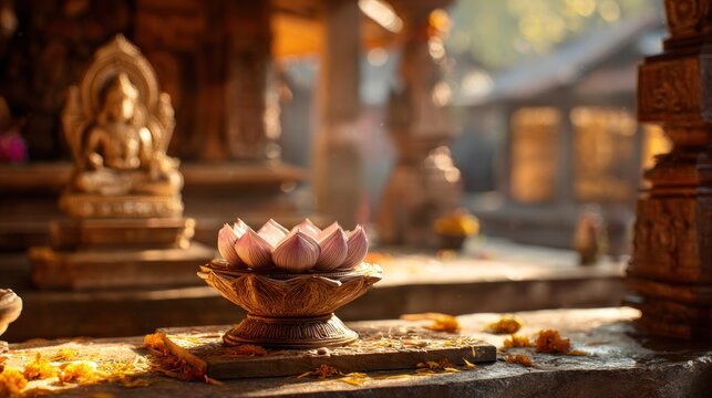 Sacred lotus blossoms and serene Buddha statue a glimpse into spiritual traditions