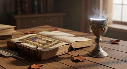 Fototapeta premium Ancient Tome and Mystical Chalice on Wooden Table.