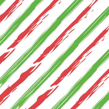 Christmas diagonal line brush pattern, seamless brush texture line background, red and green geometric parallel strokes, wrapping paper vector illustration.