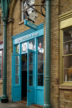 London, UK, 27 May 2026,  The bright blue entrance of The Moomin Shop in Covent Garden with a hanging sign and decorated windows.