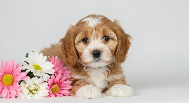 Adorable fluffy puppy dog with pink and white flowers on a white background.